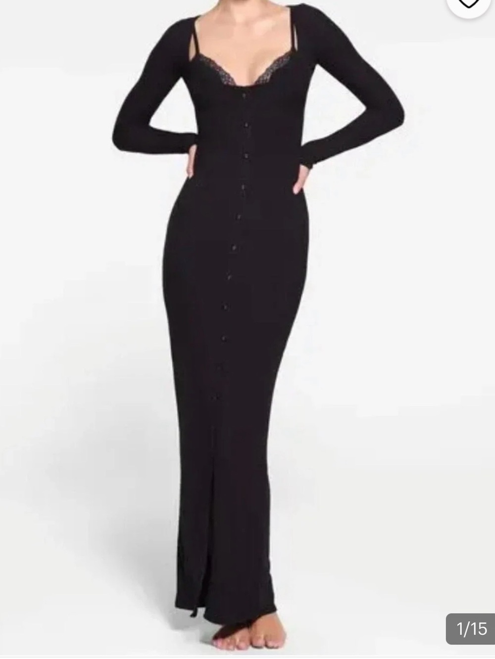 SKIMS Black Long-Sleeve Button-Front Maxi Dress with Lace Trim